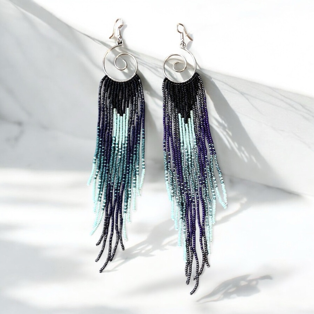 Who’s got the blues? Hand Beaded Chandelier Beaded Earrings Blues Purples - Picture 8 of 17